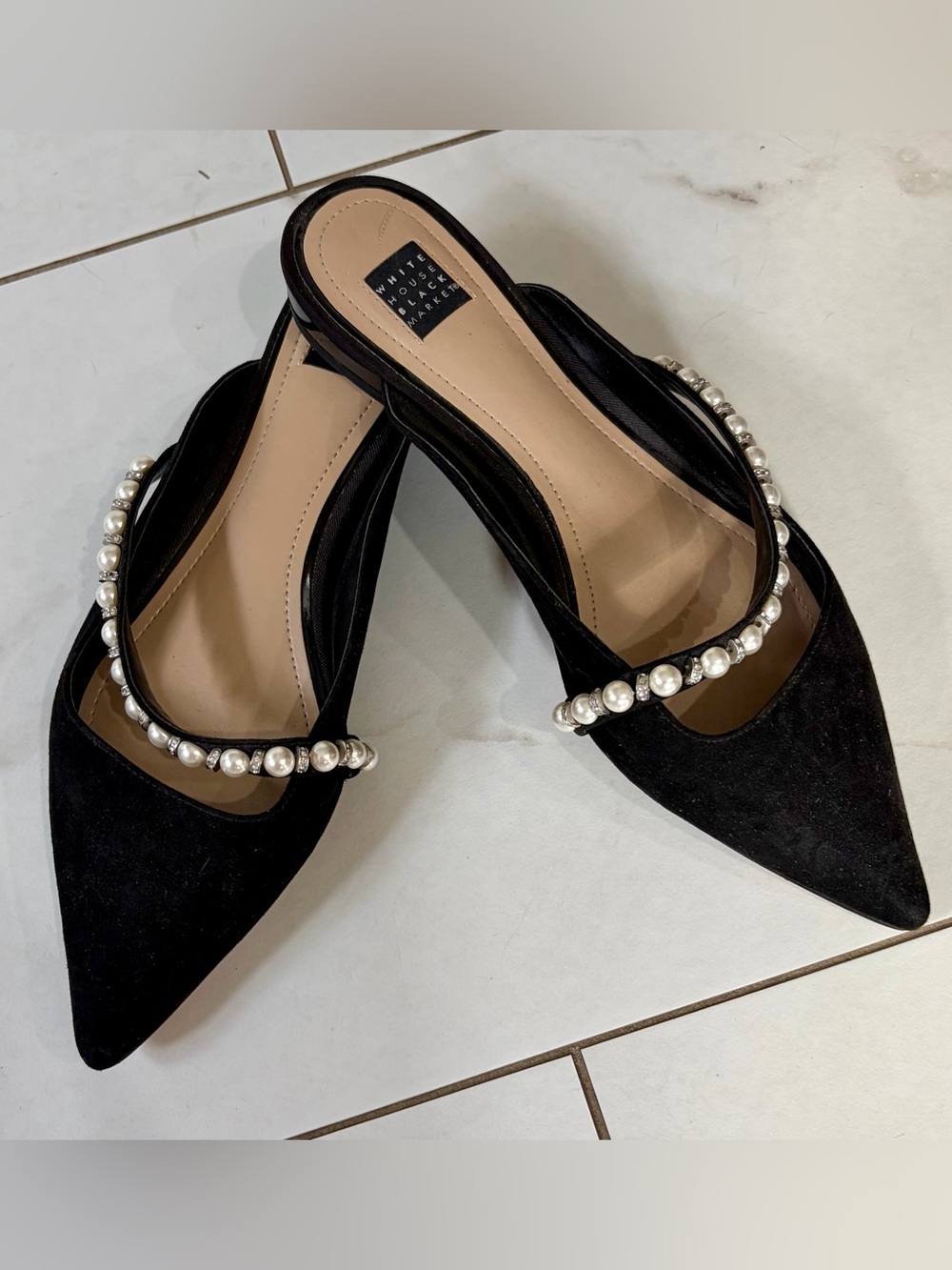 White House Black Market Black Pearl-Embellished Slip-On Mules